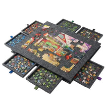Table de rangement pour puzzles en feutre gris foncé avec six tiroirs colorés facile à transporter et protection intégrée