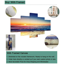 Tableau arène fantastique en 5 pièces sur toile avec coucher de soleil vibrant orange et rose sur l’océan bleu, idéal pour magasins de jouets