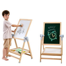 Tableau dessin magnétique sur pied en bois clair avec tableau blanc et vert double face, pieds réglables et étagère inférieure