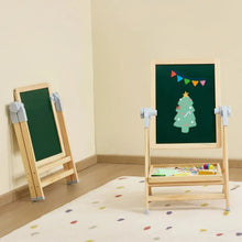 Tableau dessin magnétique sur pied avec cadre en bois clair, surface ardoise verte et étagère pour fournitures colorées