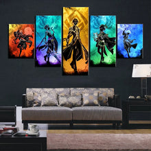 Tableau genshin impact en 5 pièces sur toile avec silhouettes dynamiques et dégradés colorés vibrants