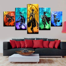 Tableau fantaisie élémentaire en 5 pièces sur toile avec silhouettes de personnages anime colorées, tableau genshin impact