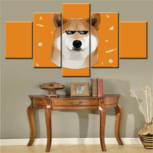 Tableau mural dogecoin orange en 5 panneaux avec un shiba inu pixelisé en lunettes et motifs cryptomonnaie