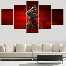 Tableau mural gaming en 5 panneaux représentant un samouraï armuré en métal sombre et or sur fond rouge dramatique
