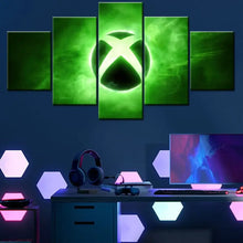 Tableau mural logo xbox en 5 panneaux avec logo lumineux vert sur toile pour décoration murale moderne