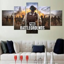 Tableau mural pubg en 5 panneaux avec personnage central en équipement tactique et logo pubg battlegrounds visible