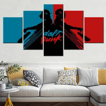Tableau mural violon sombre en 5 panneaux avec silhouettes noires sur fond divisé bleu rouge et nom du groupe stylisé