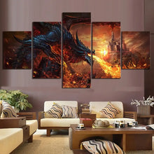 Tableau mural wing of death dragon wing en 5 panneaux avec dragon noir cracheur de feu et château en flammes