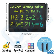Tablette de dessin lcd couleur de 13 pouces noire avec stylet affichant lettres manuscrites colorées et équations mathématiques