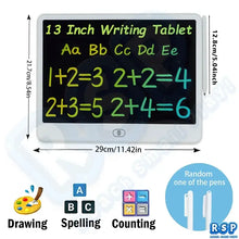 Tablette de dessin lcd couleur de 13 pouces avec écran noir affichant lettres et équations colorées avec stylet blanc