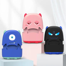 Pink monster-shaped plastic trash can with red feet and glowing blue eyes for tampon prénom personnalisé use
