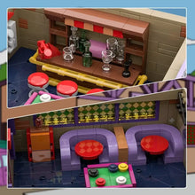 Taverne cartoon en plastique abs avec cabine violette style lego tables rouges et sièges à motifs damiers
