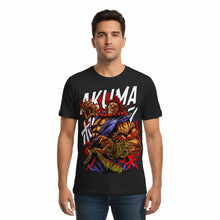 T-shirt street fighter noir à manches courtes avec un graphisme vibrant d’akuma satsu no hado et lettrage blanc et rouge