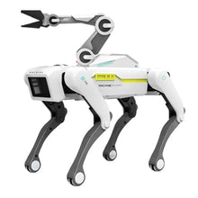 Chien robot télécommandé programmable blanc et gris avec articulations et caméra sur la tête équipé daccessoires au choix