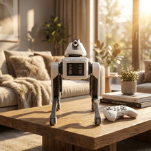 Chien robot télécommandé programmable blanc et noir avec design moderne posé sur une table en bois