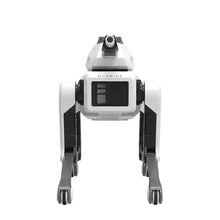 Chien robot télécommandé programmable blanc et noir avec design moderne, jambes articulées et écran sur la poitrine