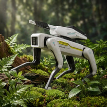 Chien robot télécommandé programmable blanc et noir avec accents jaunes au design futuriste et accessoires au choix