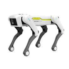 Chien robot télécommandé programmable blanc et noir avec bande jaune et marquage machine, accessoires au choix