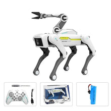 Chien robot télécommandé programmable blanc et gris avec membres articulés et appendice noir en ciseaux