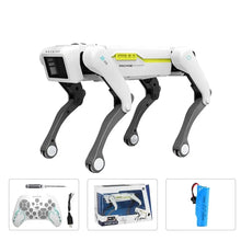 Chien robot télécommandé programmable blanc et gris avec accents verts lime et design articulé réaliste canine
