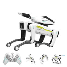 Chien robot télécommandé programmable blanc et noir avec accents vert lime et design futuriste machine