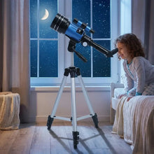 Télescope réfracteur bleu et noir pour débutants avec filtre lunaire et support smartphone sur trépied argenté