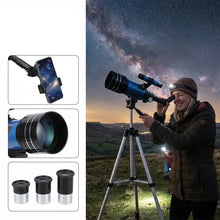 Télescope réfracteur bleu 70 mm pour débutants avec lentille zénithale et support smartphone sur trépied argenté en métal