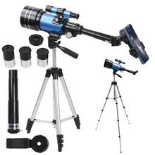 Télescope réfracteur bleu et noir 70 mm pour débutants avec support smartphone, lentille zénithale et filtre lunaire