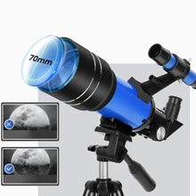 Téléscope réfracteur 70 mm bleu et noir monté sur trépied avec lentille zénithale et support smartphone pour débutants