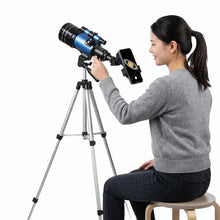Télescope réfracteur bleu et noir 70 mm pour débutants monté sur trépied avec support smartphone pour astrophotographie