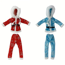 Tenues de noël pour poupée 30 cm en rouge et bleu avec capuchons en fausse fourrure motifs flocons et ceintures noires idéales pour déguisement carnaval et magasins de jouets