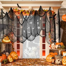 Tissu décoratif halloween en gaze noire avec motif toile daraignée et fantômes blancs pour maison hantée