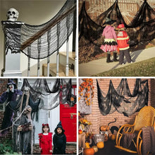 Tissu décoratif halloween en gaze noire avec texture en maille et fils suspendus pour décoration maison hantée