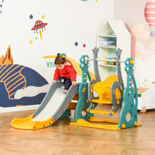 Toboggan et balançoire 4 en 1 pour enfants en plastique coloré teal, jaune et gris, adapté aux jeunes enfants aux enfants