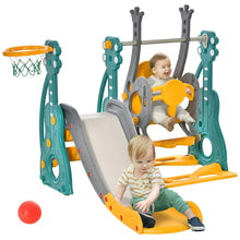 Toboggan et balançoire 4 en 1 en plastique teal gris et jaune adapté aux jeunes enfants avec toboggan balançoire et panier de basket