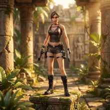 Figurine lara croft tomb raider underworld en cuir noir debout dans une ruine jungle ancienne