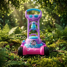 Tondeuse à bulles jouet extérieure rose et violette avec poignée bleue, roues noires, effets sonores et recharges concentrées