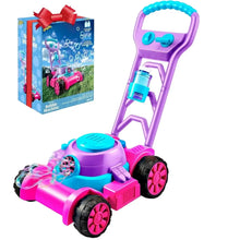 Tondeuse à bulles jouet extérieur rose et violet avec roues noires et effets sonores, compatible avec recharges concentrées