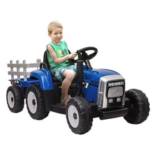 Tracteur électrique jouet enfant bleu et noir avec remorque grise imitant le bois disponible en magasins de jouets