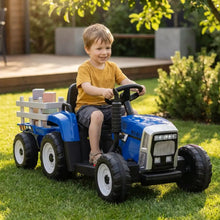 Tracteur électrique jouet enfant bleu et noir avec effets sonores télécommande parentale et remorque grise