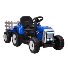 Tracteur électrique jouet enfant bleu et noir avec calandre argentée, pneus à jantes blanches et remorque bois gris idéal magasins de jouets
