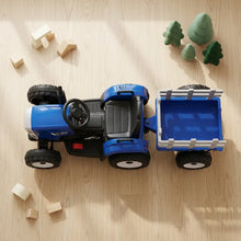 Tracteur électrique jouet enfant bleu avec siège noir et remorque assortie avec effets sonores et télécommande parentale