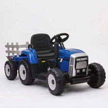 Tracteur électrique jouet enfant bleu et noir avec effets sonores télécommande parentale et remorque grise en bois