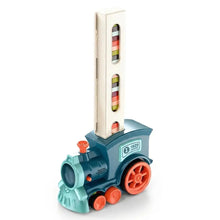 Train électrique poseur bleu en plastique avec roues orange et tour crème empilant des blocs colorés