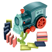 Train électrique poseur de dominos rose 63 pièces avec train plastique bleu et rouge, dominos, cactus et blocs colorés