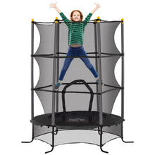 Trampoline avec filet de protection noir et jaune avec ressorts métalliques et structure robuste aux enfants en pleine action