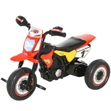 Tricycle moto enfants rouge et noir avec effets musicaux et phare lumineux jaune logo moto sur la face avant