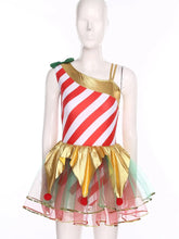 Robe tutu de noël femme motif sucre d’orge rayé rouge et blanc avec jupe tutu or et pompons rouges