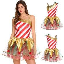Robe tutu de noël femme motif sucre d’orge rouge blanc avec tulle orné de pompons rouges et bordure verte