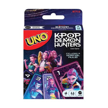 Cartes uno k-pop demon hunters jeu de cartes avec personnages anime colorés sur emballage bleu foncé et rouge brillant
